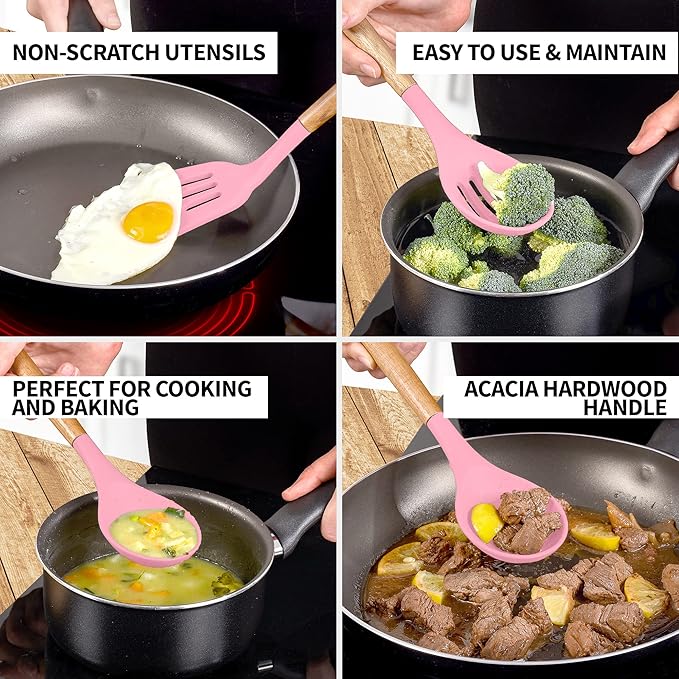 Zulay Kitchen Non-Stick Cooking Utensils Set with Authentic Acacia Wood Handles ??5-Piece Durable & Stylish Silicone Kitchen Utensils Set ??Heat Resistant to 464째F ??Pink