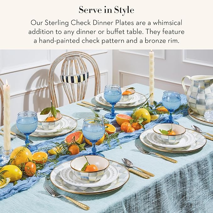MACKENZIE-CHILDS Enamel Dinner Plate, Decorative Dinnerware Plate, 10 Inches, Set of 4, Gray-and-White Sterling Check