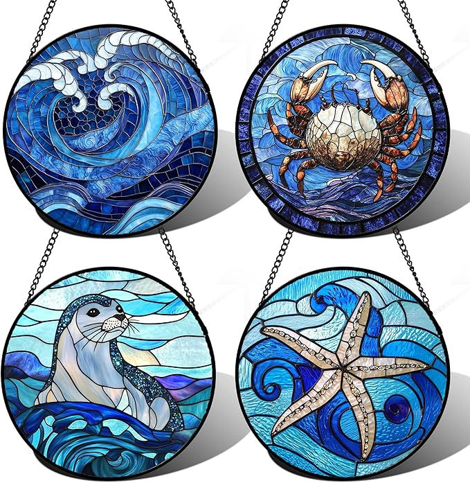 Stained Glass Window Hanging 4 Pcs Set Blue Ocean Waves 7.8" - Starfish Crab Seal Suncatcher Door Garden Sun Catcher Decor Birthday for Mom Woman Nana Men Friend