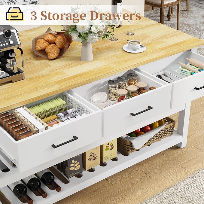 60" Solid Rubberwood Kitchen Island with Power Outlets - Extra Large Work Surface, 3 Drawers & 2 Open Shelves Storage Cabinet for Kitchen Dining Room, Farmhouse Style (White)