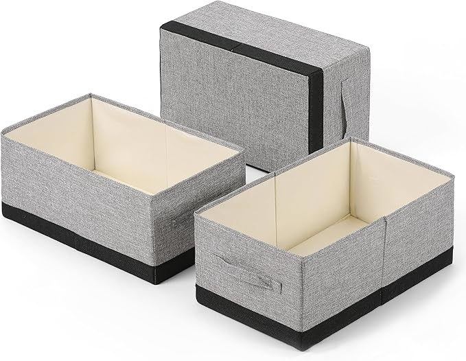 Linen Folding Storage Bins, 3 Pack Large Storage Baskets, Washable, Clothing Storage Bins with Handle, Closet Organizer for Storage Sweater,Sheets (gray black, 18쩍"x11"x8쩍")