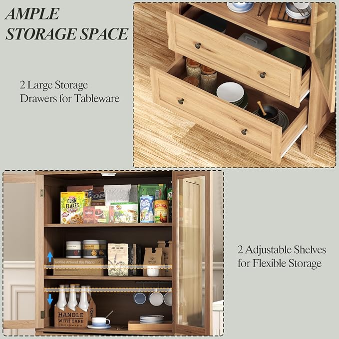 Arched Cabinet with Glass Doors, 71" Tall Freestanding Pantry Cabinet with 2 Large Drawers and Adjustable Shelf, Farmhouse Wood Storage Cabinets, Versatile Cupboard for Kitchen, Dining Room, Natural