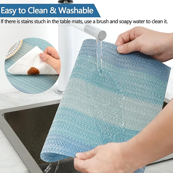 SLKQG Placemats Set of 6 - Easy Clean Washable Vinyl Placemats - Wipeable Heat Resistant Table Mats for Dining Table - 17.7x11.8 Inch (6, Blue Gradient)