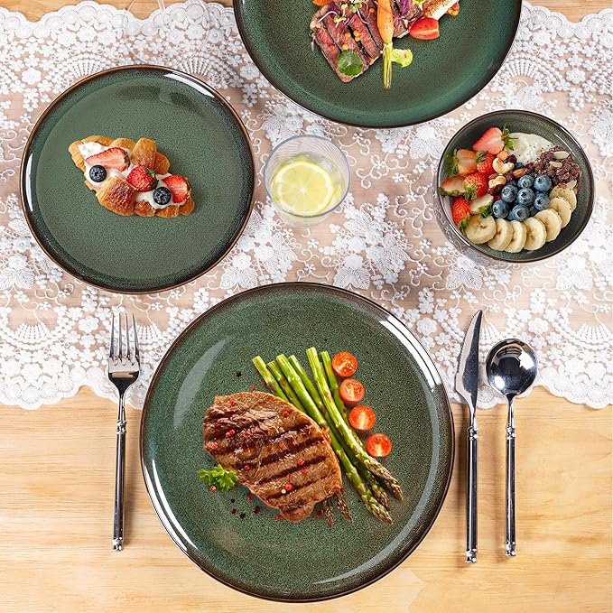 LERATIO Ceramic Dinnerware Sets for 4,12 Pieces Poreclain Plates and Bowls Sets,Scratch Resistant Dishes,Dishwasher & Microwave Saf,Oven Safe Dishes Set,Service for 4-Geen