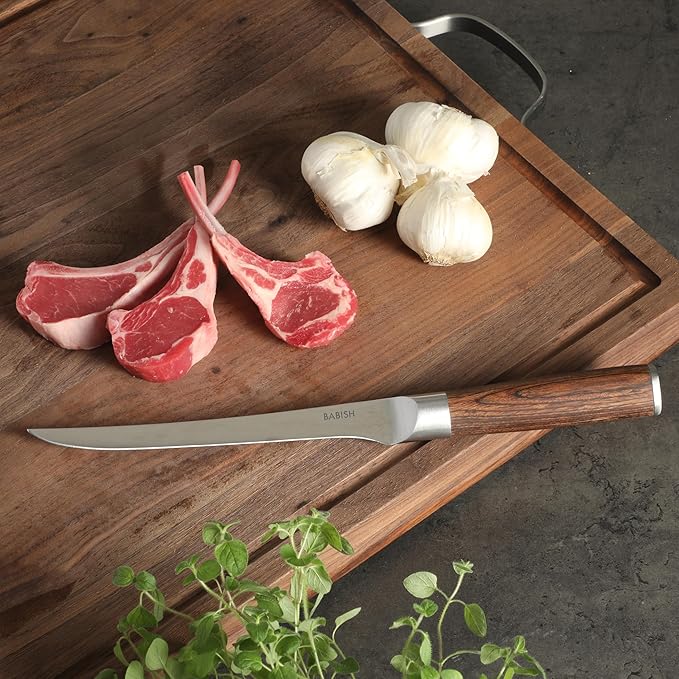 Babish 1.4116 German Stainless Steel Boning & Fillet Knife with Dark Pakka Wood Handle ??6-Inch Full-Tang Flexible Kitchen Knife for Meat, Poultry, Fish & Precision Butchering