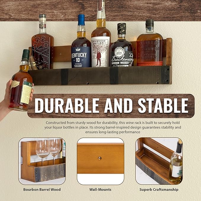 RELODECOR Liquor Bottle Display Shelf ??Bar Shelf for Whiskey, Wine & Bourbon ??Rustic Wall-Mounted Wooden Shelves, Countertop Rack, Stylish & Space-Saving Small Liquor Cabinet for Enthusiasts
