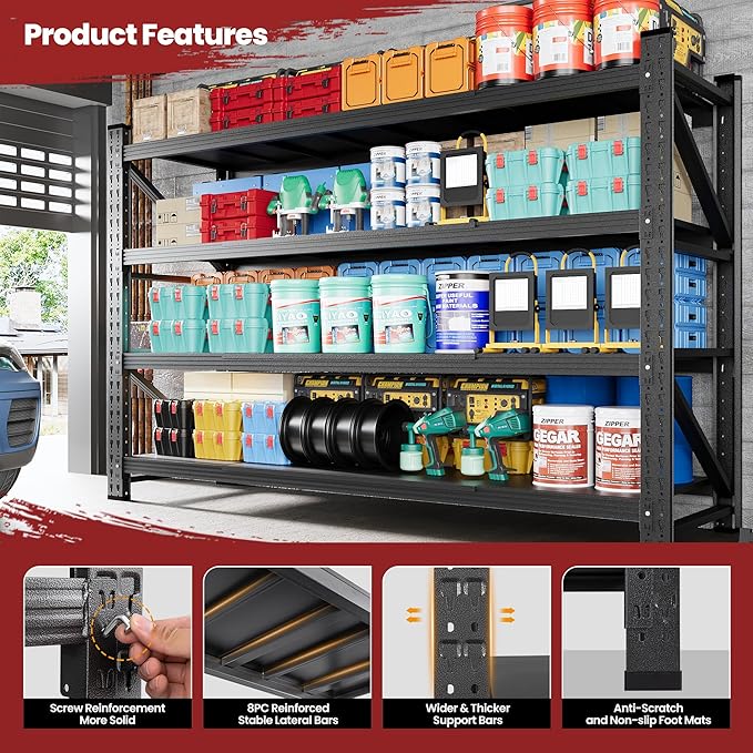 71" Wide Storage Shelves, 5000LBS Garage Shelving Heavy Duty, Standing Shelf Units, 4 Tier Metal Adjustable Storage Shelving Rack for Shop Warehouse Basement, 71'' W x 24''D x 70'' H