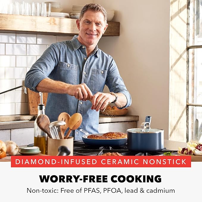 GreenPan x Bobby Flay 2 Piece- 8??and 10??Nonstick Frying Pan Skillet Set, PFAS-Free Diamond Ceramic, Induction Suitable, Stay-Cool Silicone Handle, Easy Clean Dishwasher & Oven Safe, Oxford Blue