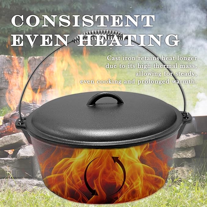 Cuisiland 12 Quart Cast Iron Dutch Oven with Dome Lid & Bail Handle ??Pre-Seasoned Large Campfire Pot for Outdoor Cooking, Roasting, Baking & Stews ??Heavy-Duty Cookware with Even Heat Distribution
