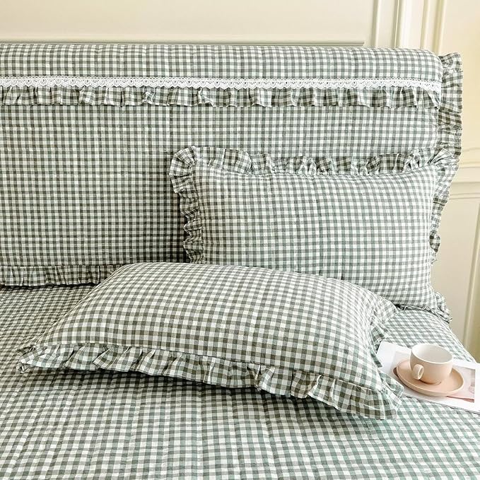 LifeTB Green Gingham Comforter Set Full Size Ruffle Plaid Checkered Pattern Comforter Farmhouse Grid Plaid Gingham Bedding Comforter Set with 2 Pillowcases Fluffy Soft Lightweight Grid Bedding Set