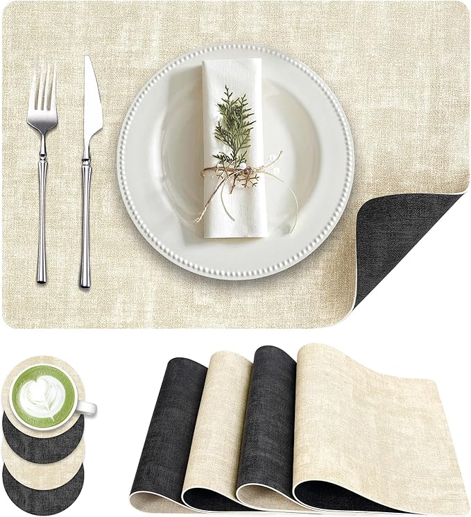 Fyvva Placemats Set of 4, Faux Leather Heat Resistant Wipeable Placemats, Dual Sided Waterproof Oilproof Washable Table Mats with Coaster, Suitable for Kitchen, Dining, Table Decor (4, Black Beige)