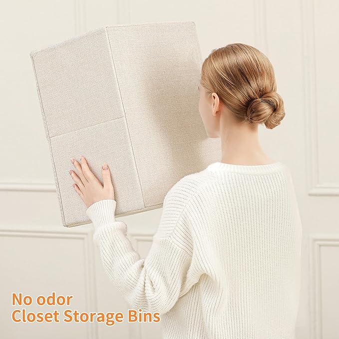 Linen Folding Storage Bins, 3 Pack Large Storage Baskets, Washable, Clothing Storage Bins with Handle, Closet Organizer for Storage Sweater,Sheets (Beige, 16"x9쩍"x6쩐")