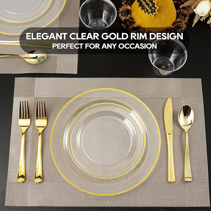 FOCUSLINE 7 Inch Small Clear Gold Plastic Plates 100 Count, Disposable Heavy Duty Clear Plates with Gold Rim, Premium Hard Plastic Plate Fancy Disposable Salad Plate for Wedding Parties