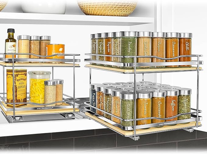LYNK PROFESSIONAL짰 횋lite??Pull Out Spice Rack Organizer for Inside Kitchen Cabinets - 10-3/8 inch Wide - Slide Out Drawer ??Wood/Chrome Sliding Spice Cabinet Organization Shelf Racks - 2 Tier