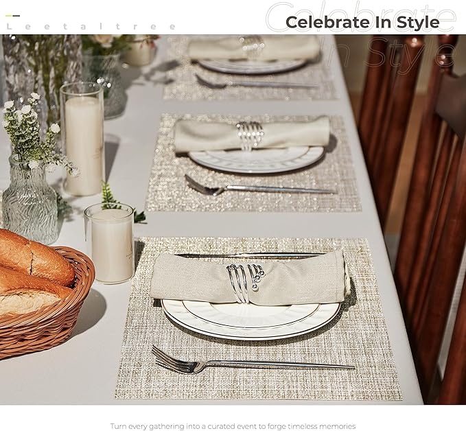 Leetaltree Luxury Beige and Gold Woven Placemats Set of 12 - Waterproof Washable Textured Table Mats for Wedding, Anniversary, Daily Use - Sparkling Metallic Thread Table Decor - Hand-Cut