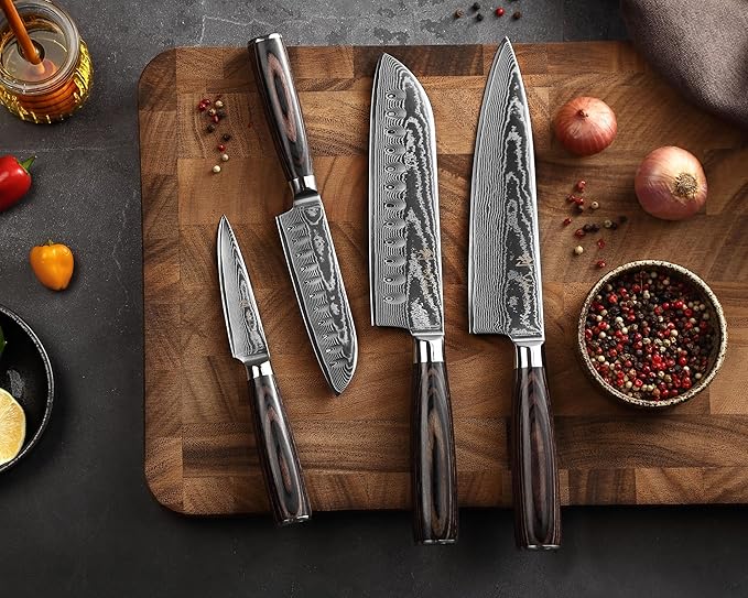 Wakoli EDIB Essentials 4-Piece Damascus Knife Set ??Professional Kitchen Knives with VG10 Core, 67-Layer Damascus Steel Blades ??Santoku, Chef, Small Santoku & Paring Knife with Pakkawood Handles