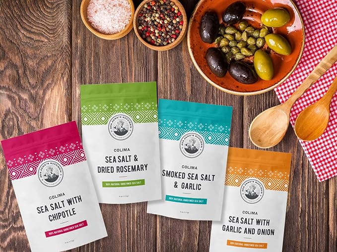 Colima Sea Salt New Flavors - 100% Natural Flaky Sea Salt With Four Different Flavors - Hand Harvested & Unrefined - For Meats, Vegetables, Grains, & Other Food - Organic Flaky Salt