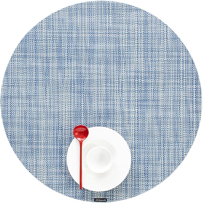 Chilewich Mini Basketweave Placemats in Chambray - Set of 4 - Easy Care Woven Tabletop Textiles - Indoor/Outdoor - 15" Round