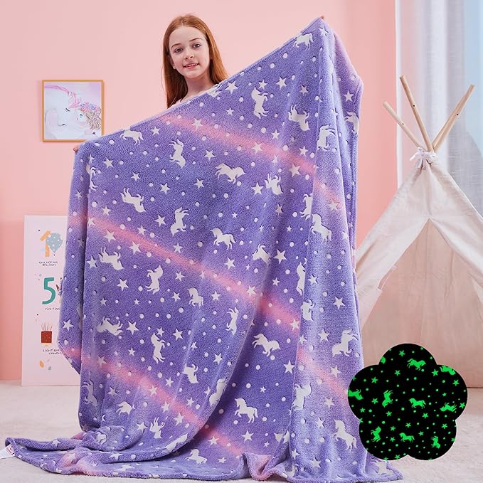 QSTEHEML Unicorns Glow in The Dark Blanket for Girls,Unicorn Gifts for Girls Age 3 4 5 6 7 8 9 10 11 12 Year Old, Soft Unicorns Purple Blanket - Christmas Birthday Bedroom Decor 50"횞60"