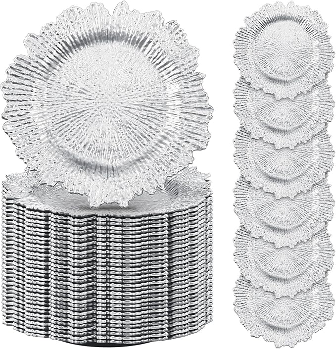 Tanlade 100 Pcs Reef Charger Plates Bulk 13 Inch Plastic Wedding Chargers Floral Decorative Plates with Metallic Ruffled Rim for Wedding Party, Holiday Event Supplies(Silver)
