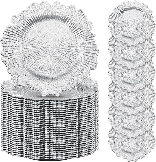 Tanlade 100 Pcs Reef Charger Plates Bulk 13 Inch Plastic Wedding Chargers Floral Decorative Plates with Metallic Ruffled Rim for Wedding Party, Holiday Event Supplies(Silver)