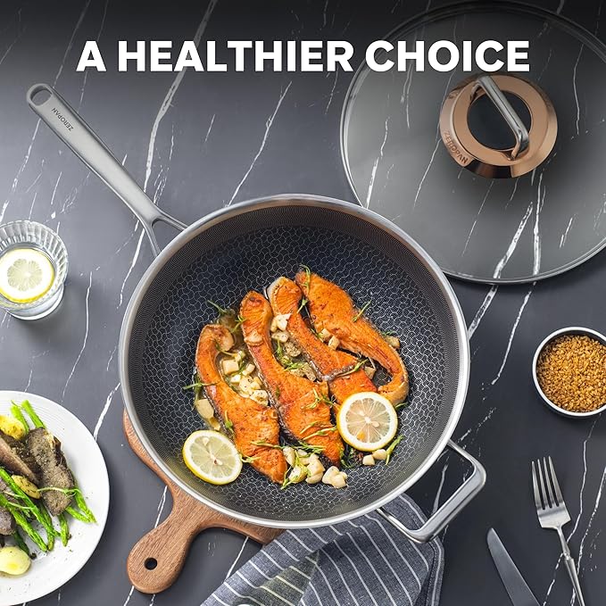 Hybrid 12-Inch Wok with Lid,Nonstick Stainless Steel Woks & Stir-fry pans,Wok Pan,PFAS PFOA PTFE Free,Dishwasher-Friendly,Oven-Safe Up to 600째F,Compatible with All Cooktops