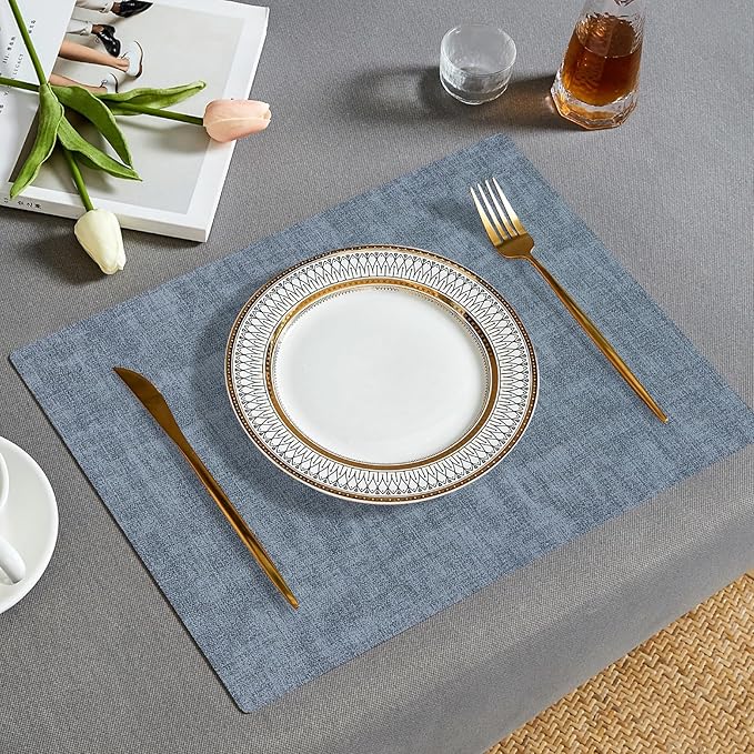 Boobezeen Faux Leather Placemats Set of 6, Heat Resistant Wipeable Washable Vinyl Place Mats, Waterproof Anti-Slip Dining Table Mats, Suitable for Indoor & Outdoor Use (Blue)