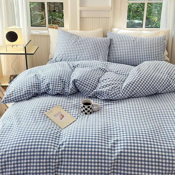 LifeTB Blue Gingham Comforter Set King 3 Pieces Modern Plaid Checkered Pattern Comforter Gingham Bedding Set Fluffy Soft Grid Plaid Bedding Comforter Farmhouse Checkered Comforter Set King Size