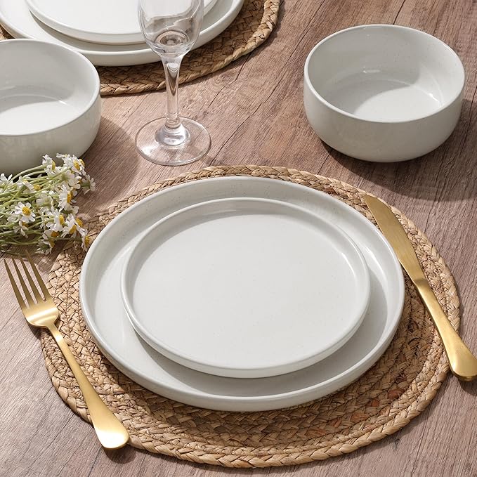 HaWare Stoneware Dinnerware Sets, 18-Piece Plates and Bowls Set for 6, Dishes Set for Home Restaurant, Speckled Milky White
