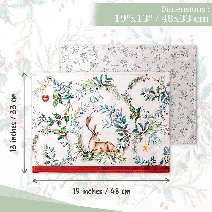 Maison d' Hermine Placemats Set of 4 100% Cotton Washable Cloth Place Mats, Reusable Table Mats for Thanksgiving Christmas Decorations Kitchen Dining Party Wedding Restaurant (Holly Time, 13" x 19")