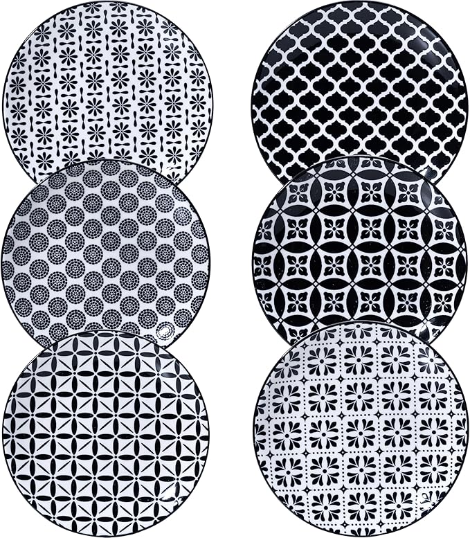 LEHAHA Ceramic 6'' Appetizer Plates Set of 6, Small Dessert/Salad Plates, Black Round Serving Plates, Porcelain Dinnerware Dishes for Cake, Waffle, Pasta,snacks, cookie, Microwave & Dishwasher Safe