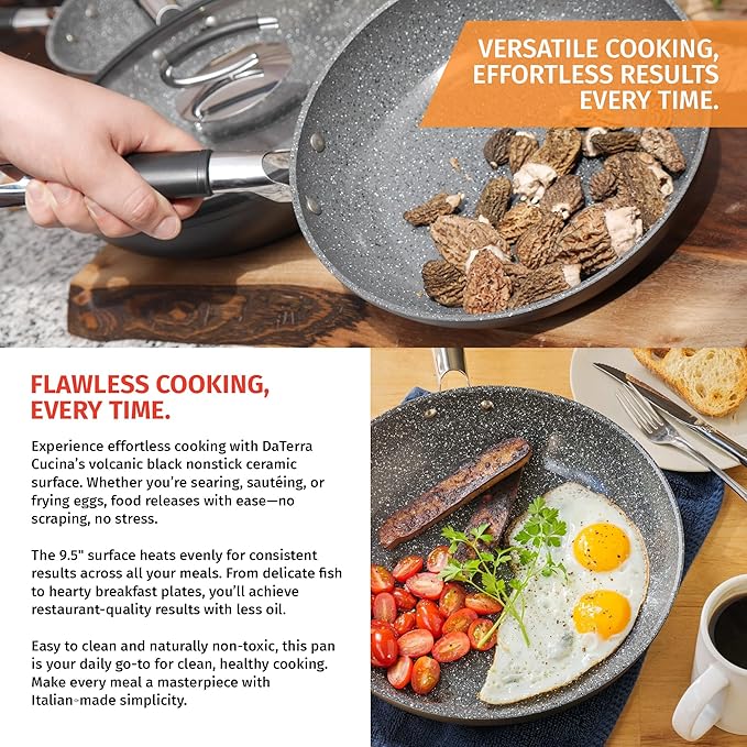 DaTerra Cucina - Nonstick Ceramic Frying Pan - Made in Italy - Oven & Induction Safe - High Heat Resistant Nonstick Cookware - Dishwasher Safe - Volcanic Black Speckled - 9.5"