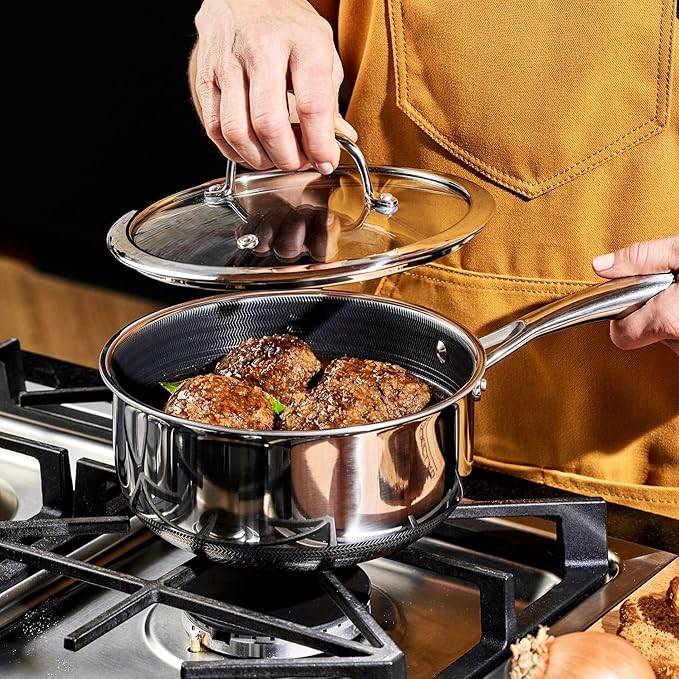 HexClad Hybrid Nonstick 3-Quart Saucepan with Tempered Glass Lid, Stay-Cool Handle, Dishwasher-Friendly, Oven-Safe Up to 900째F, Induction Ready, Compatible with All Cooktops