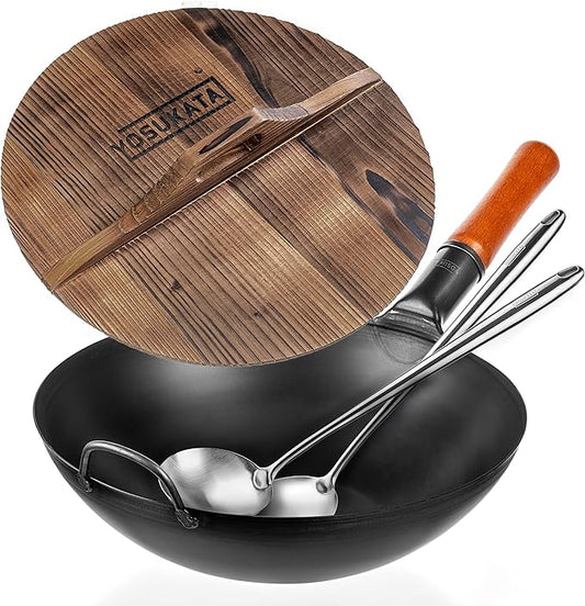 YOSUKATA Carbon Steel Wok Pan ??13,5 ??Stir Fry Pans with Flat Bottom + Premium Wok Cover 13.5 inch Pan Lid + 17?쇺?Spatula and Ladle