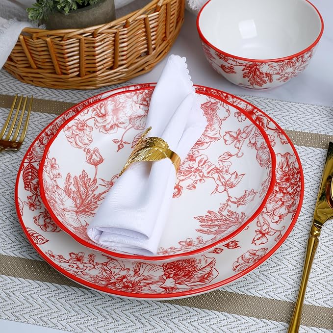 12-Piece Rose Queen Dinnerware Set, Porcelain Plates with Red & White Design, Service for 4, Microwave and Dishwasher Safe