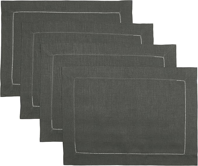 D'Moksha Homes Linen Placemats Set of 4 - Classic Hemstitch Charcoal Grey Placemats 14 x 19 Inch - 100% Pure Linen Table Mats for Spring, Easter - Handcrafted and Machine Washable