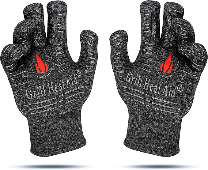 GRILL HEAT AID BBQ Grill Gloves 1472째F - Extreme Heat Resistant Oven Mitts for Grilling, Smoker & Fire Pit with Silicone Grip & EN407 Cut Resistance - Short Cuff, Black