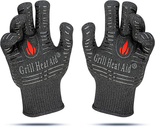 GRILL HEAT AID BBQ Grill Gloves 1472째F - Extreme Heat Resistant Oven Mitts for Grilling, Smoker & Fire Pit with Silicone Grip & EN407 Cut Resistance - Short Cuff, Black