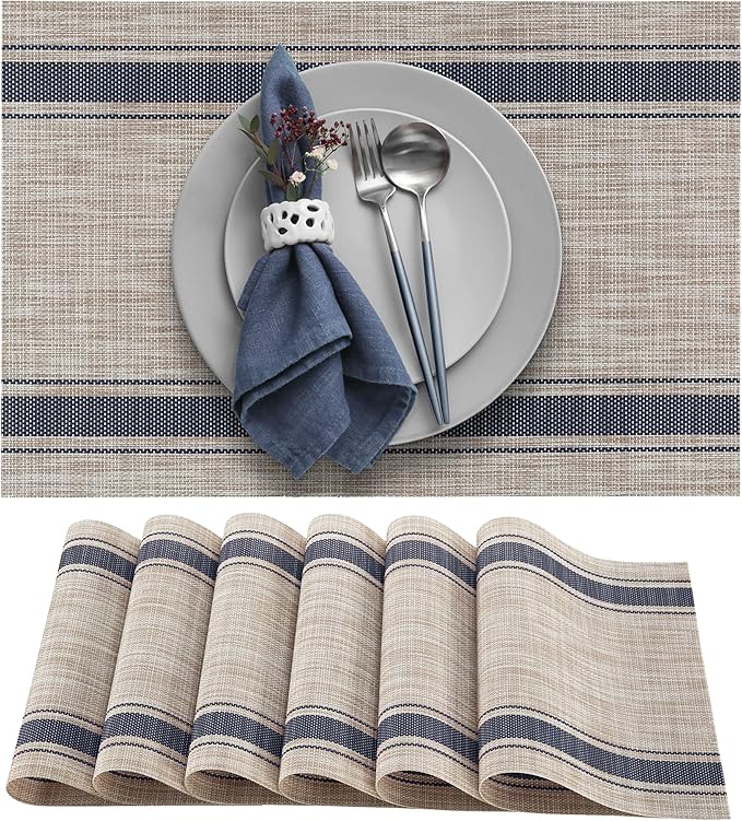 More D챕cor Dining Table Placemats, Washable Heat-Resistant PVC Vinyl Table Mats for Dining Room and Kitchen, Anti-Slip - Set of 4 - Horizontal Striped Blue - Grey