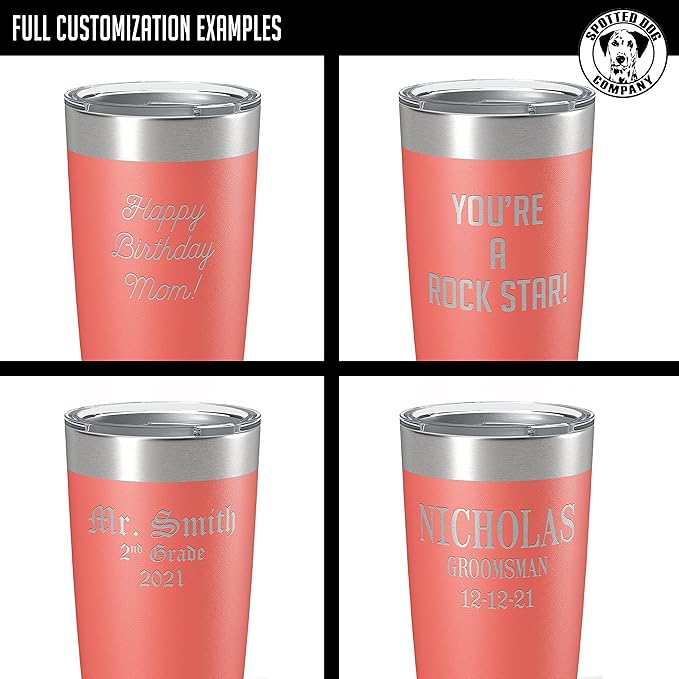 Personalized 20oz (17 Colors) Powder Coated Insulated Stainless Steel Tumbler with Lid, Custom Etched, Customized Text Message Name, Engraved Gift Idea Women Men Him Her, Your Text Here (Coral)