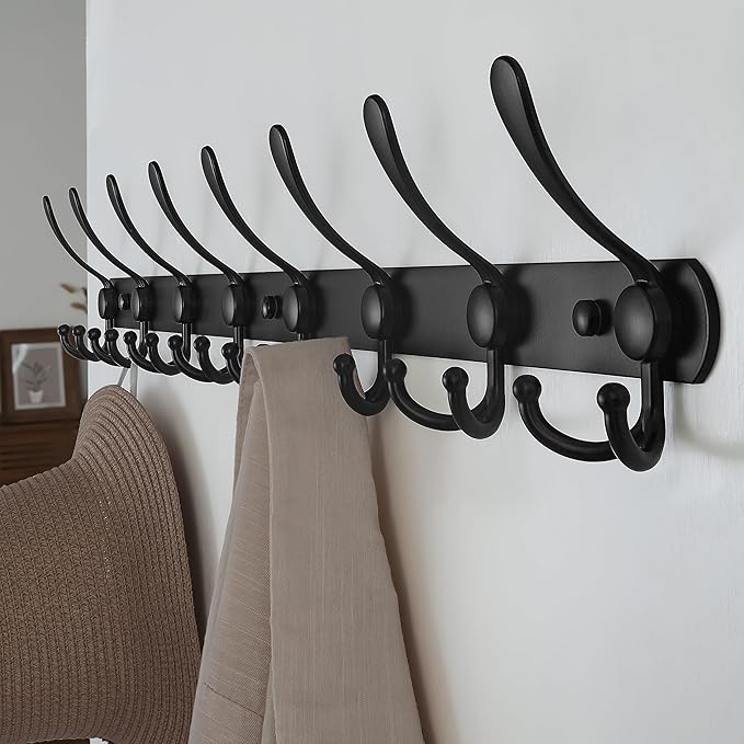 Dseap Coat Rack Wall Mount - 29.5??Long 8-Tri-Hooks Heavy Duty Coat Hanger Rail Wall Hooks for Hanging Coats Hats Clothing Clothes Purse Mudroom Entryway, Black