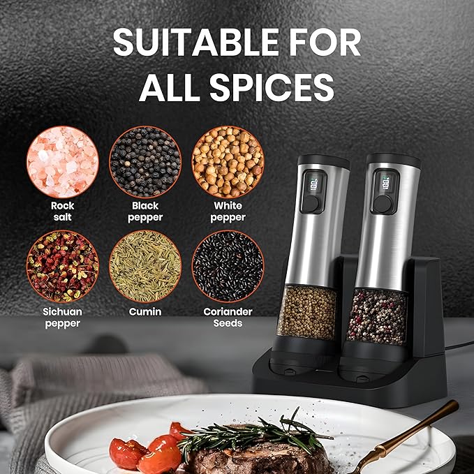 Electric Salt & Pepper Grinder Set ??Automatic Battery Operated Shakers, 5-Level Adjustable Coarseness, Dual Speed, USB Rechargeable, Large Capacity, Ideal Housewarming Gift (Stainless Steel)