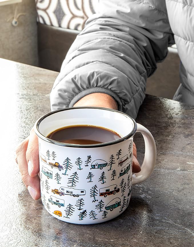 Camco Life is Better at The Campsite Ceramic Coffee Mug - Microwave and Dishwasher Safe - Features Sketched RVs Design - Coffee Cup Holds 14oz. (53383)