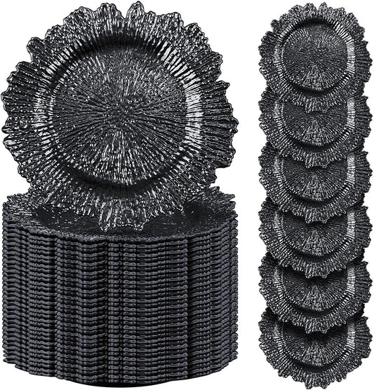 Tanlade 100 Pcs Reef Charger Plates Bulk 13 Inch Plastic Wedding Chargers Floral Decorative Plates with Metallic Ruffled Rim for Wedding Party, Holiday Event Supplies(Black)