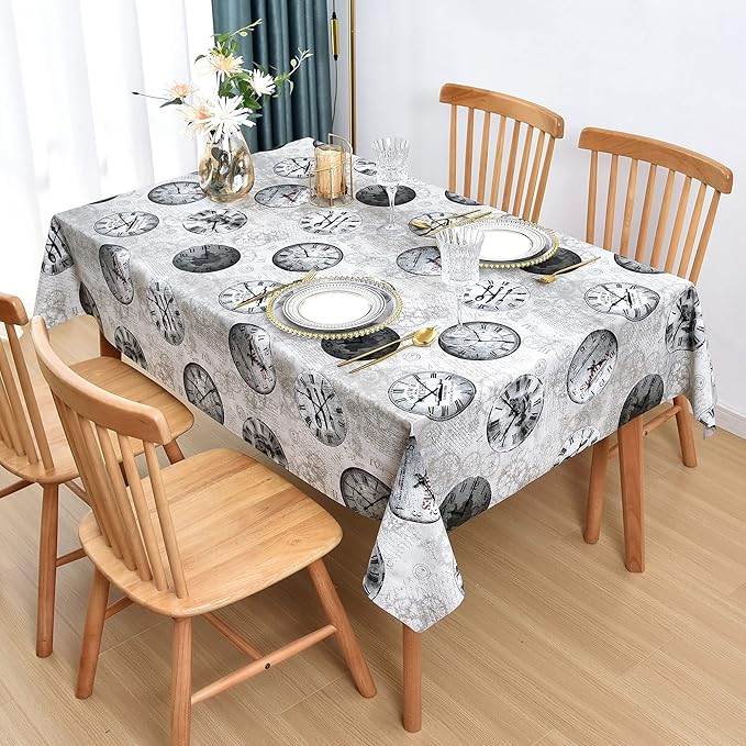 Vinyl Table Cloth Small Square Tablecloth, Wipeable Spillproof Plastic Oilcloth Table Cover, Waterproof PVC Tablecloths for Card Tables, Bistro Tables, Picnic 54 x 54 Inch 4ft Inch Grey Retro Clock