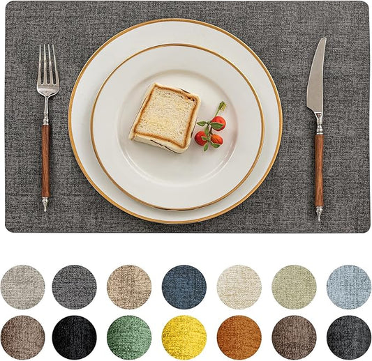 Romanstile Vinyl Placemats Set of 6-12 X 17 Inch - Heat Resistant Place Mats 100% Waterproof Oilproof Wipeable Reversible Faux Leather Table Mats for Kitchen, Dining, Party, Outdoor, Dark Grey
