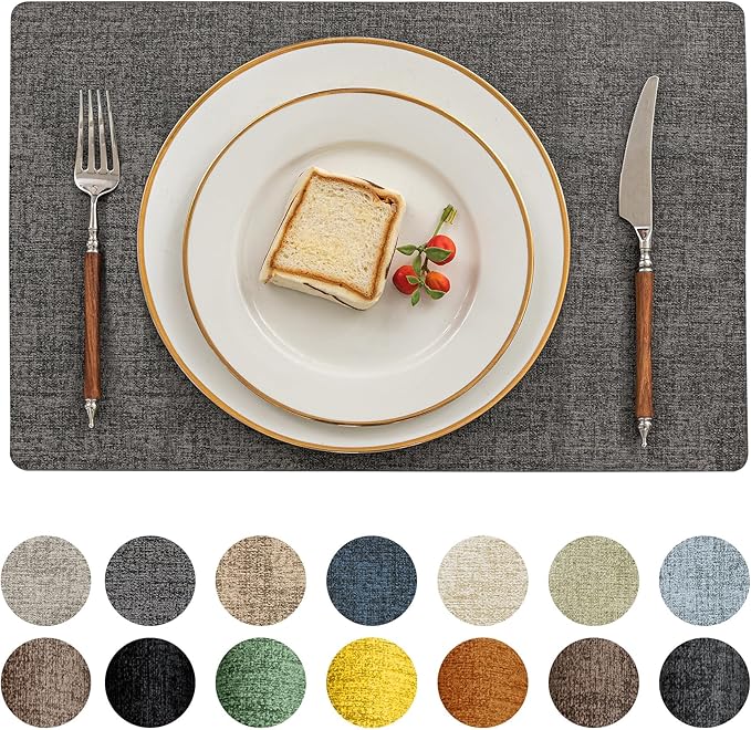 Romanstile Vinyl Placemats Set of 8-12 X 17 Inch - Heat Resistant Place Mats 100% Waterproof Oilproof Wipeable Reversible Faux Leather Table Mats for Kitchen, Dining, Party, Outdoor, Dark Grey