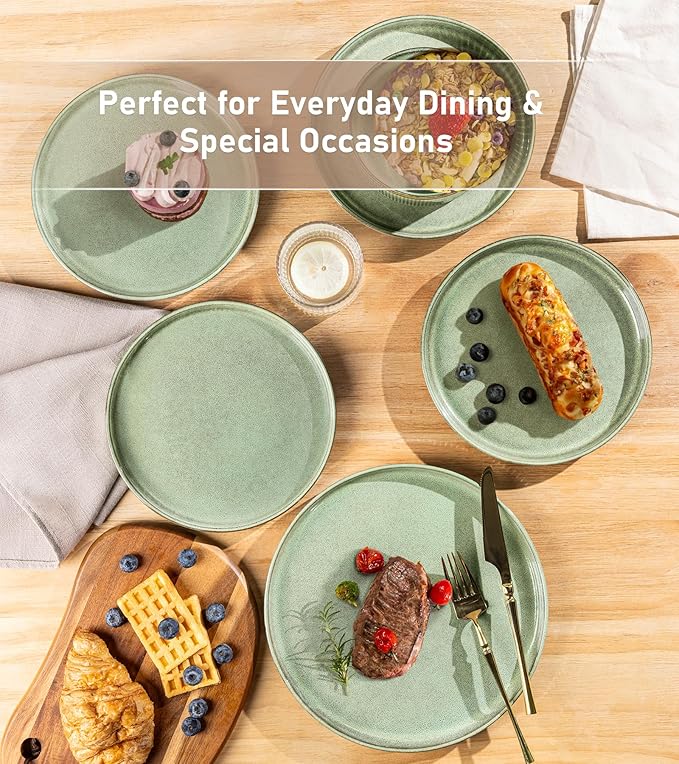 GBHOME Stoneware Dinnerware Sets for 4,Round Reactive Glaze Ceramic Plates and Bowls Set,Highly Scratch Resistant | Dishwasher & Microwave Safe Dishes Set,Service for 4(12Pcs),Pastel Green