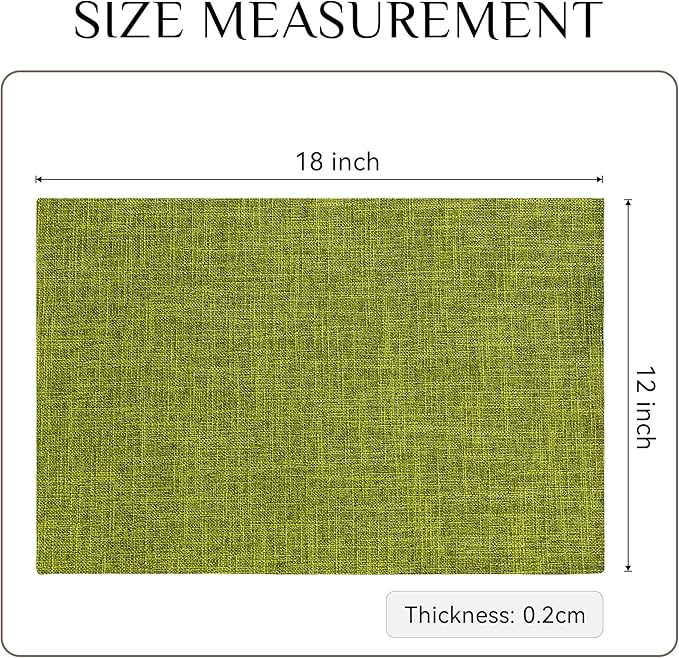 Softalker Faux Linen Placemats Set of 6-12 x 18 Inch, Heat Resistant Double Layered Durable Burlap Farmhouse Place Mats, Non-Slip Washable Rustic Table Mats for Dining, Kitchen, Party竊뉽ime Green