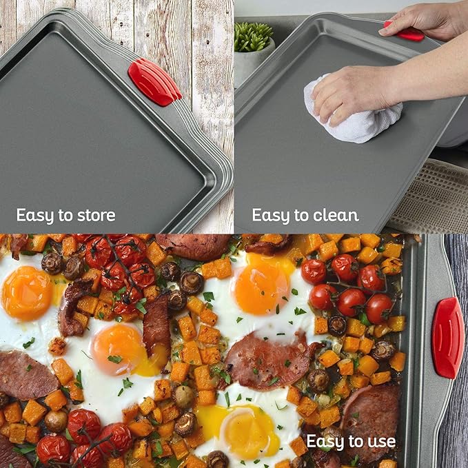 Premium Nonstick Baking Sheet Pans ??Set of 3, Heavy-Gauge Carbon Steel, Warp, Dent, and Rust-Resistant ??Gourmet Rimmed Half Cookie Sheet Trays, Non-Toxic for Exceptional Baking Performance